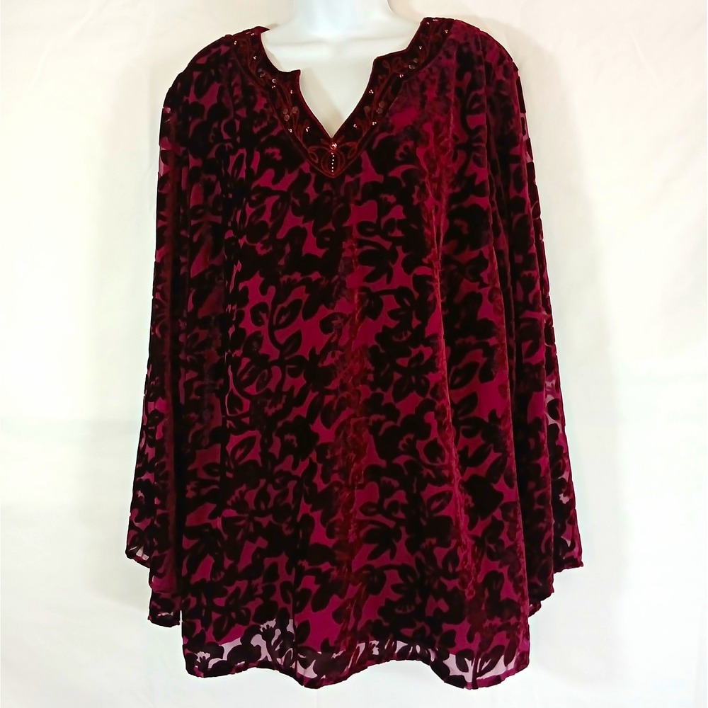 Maggie Barnes Top Velvet Burnout Maroon Floral V-Neck Sz 1X Boho Whimsical Work